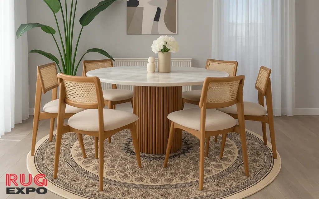 room flow with rugs with circular rugs for dining