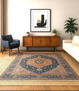 A natural Jute or Sisal rug beneath a smaller Persian rug ecletic design