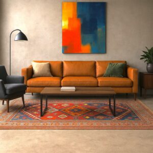 A vibrant Moroccan rug in a room ecletic design